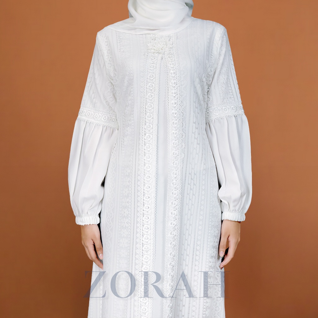 EXCLUSIVE ZORAH Gamis brukat putih wanita mewah dan elegan terbaru Dress brokat bunga putih simple