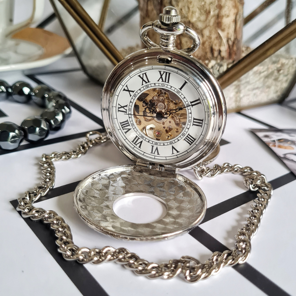 POCKET WATCH Maniac Jam Saku Kantong Half Hunter Automatic Otomatis Mechanical Mekanik Silver Putih 