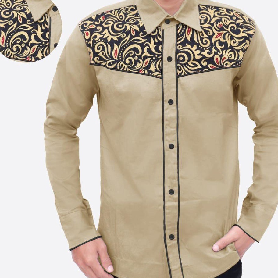 SALE Kemeja Pria Batik Kombinasi Polos Lengan Panjang  Kulin  Hem Pria Kantor Kasual Motiif Modern