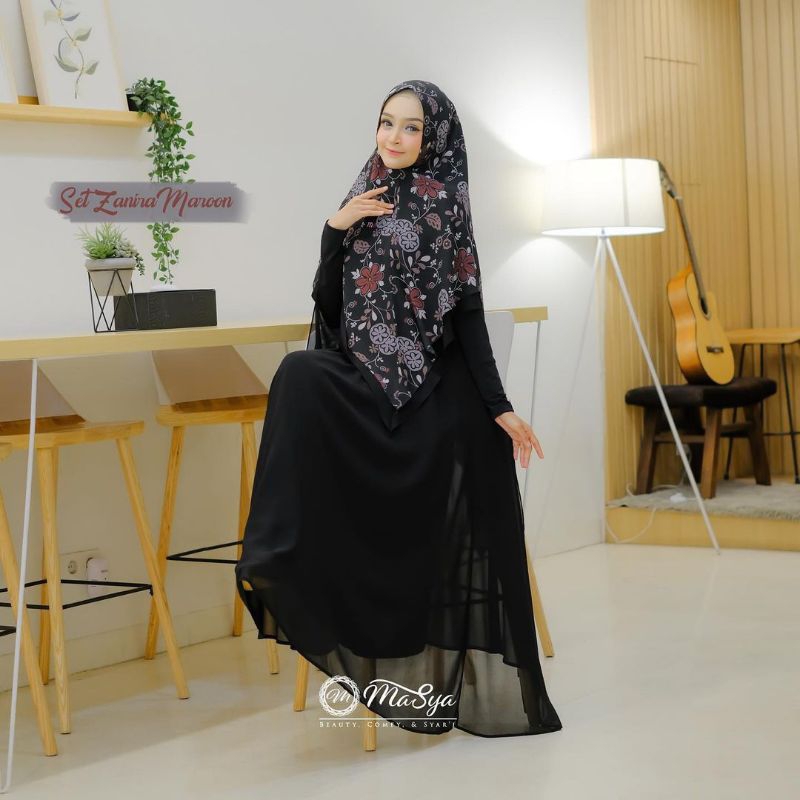 Set Gamis Dress Ceruty Babydoll Syari Branded Prinitng Denim - Maroon - Black - Magenta Mewah Masya 