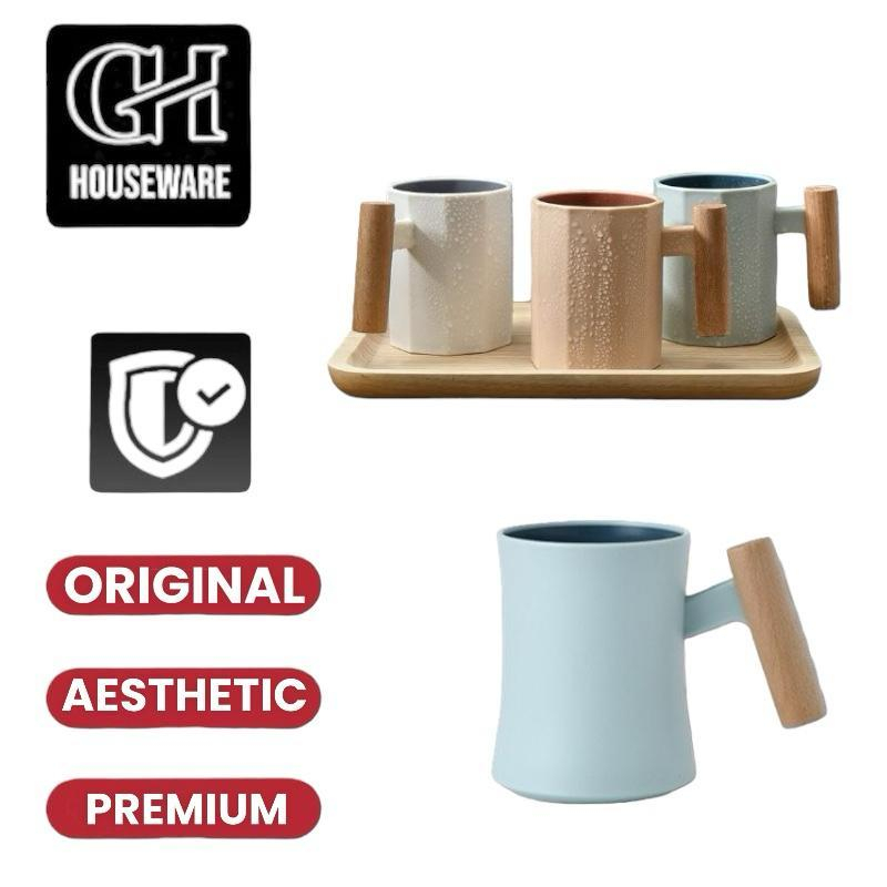GRAND Mug Gelas Plastik Unik Estetik Gagang Kayu /Gelas Coffee Elegant Gelas Kopi Teh Panas