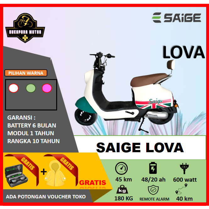 Saige Sepeda Listrik Electric Bike Lova Series 600 Watt Garansi Resmi