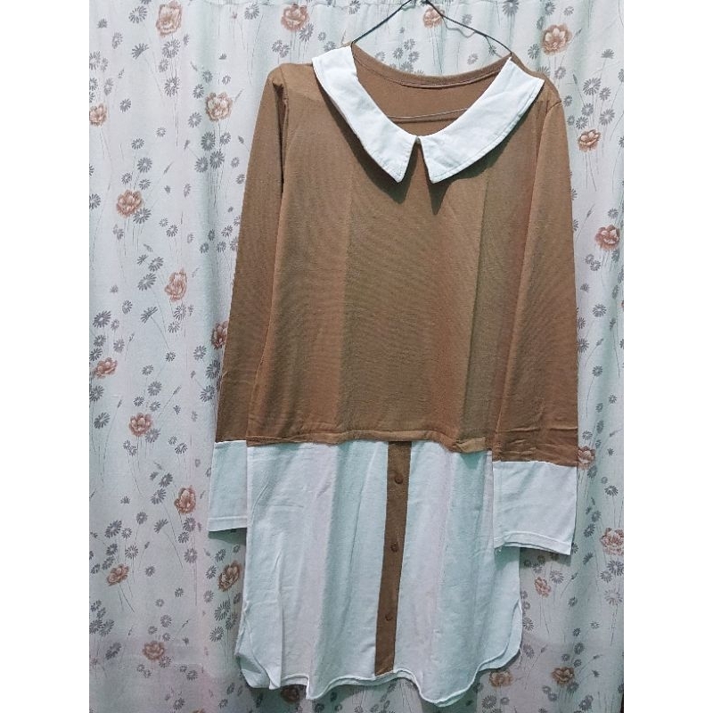 Tunik Wanita Kerah Putih Coklat | Atasan Lengan Panjang | Baju Preloved