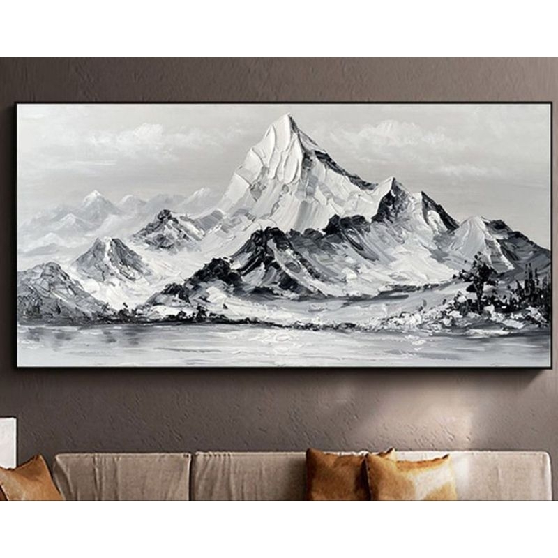 lukisan gunung hitam putih cat timbul