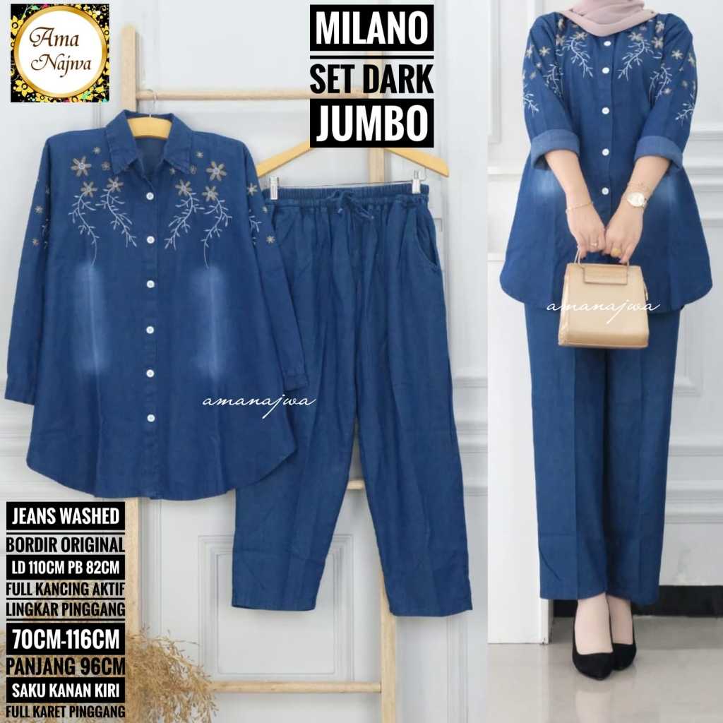 milano setelan 1 one set oneset stelan setcel atasan jeans washed wash jumbo bigsize over big size l