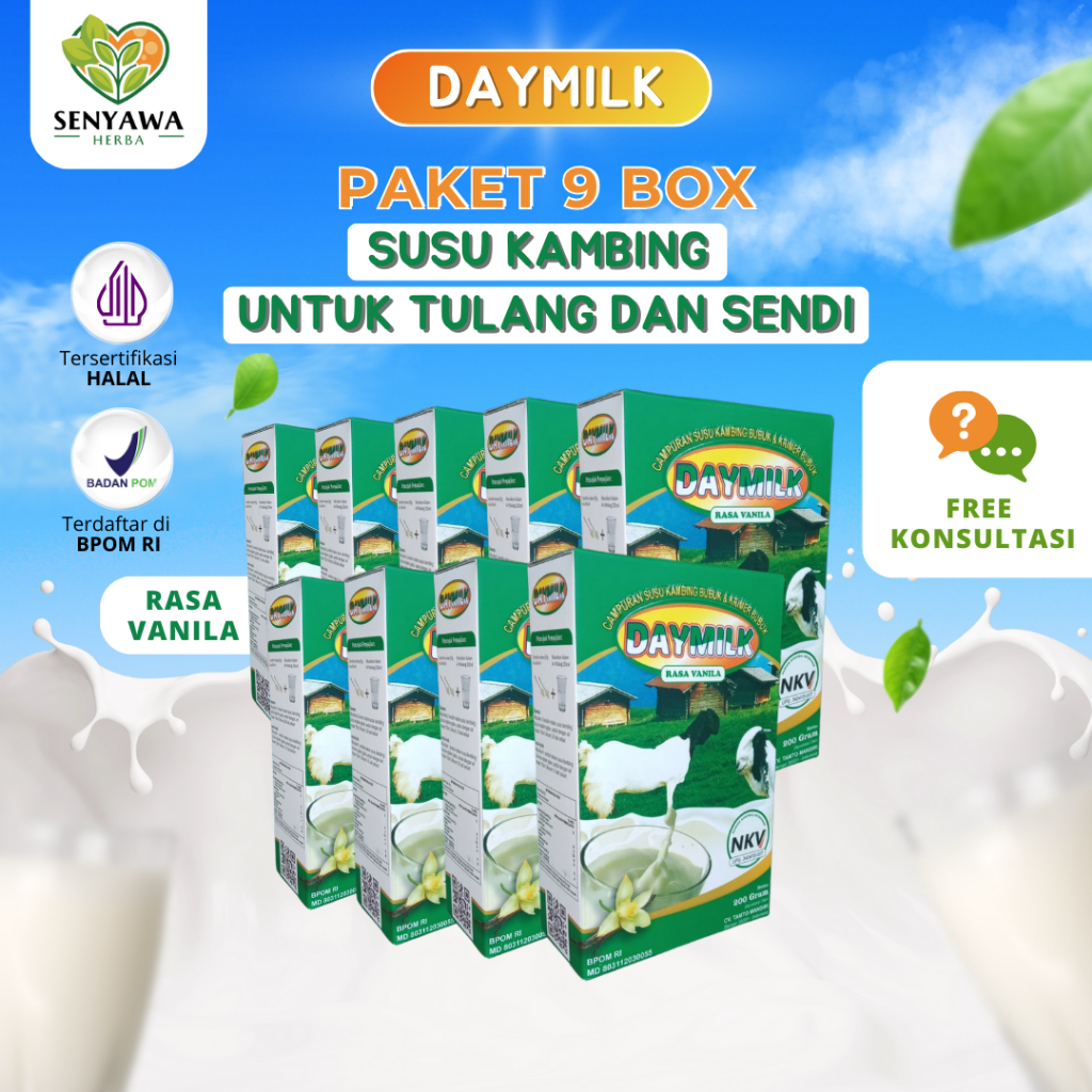 

PAKET 9 BOX SUSU DAYMILK RASA VANILA - Susu Kambing Etawa Bubuk Premium - Memelihara Kesehatan Tulang, Sendi, Meminimalisir Gejala Asam Lambung, Maag, Diare, Melegakkan Pernapasan Sesak dan Tidak Bau Prengus - 200gr Halal BPOM