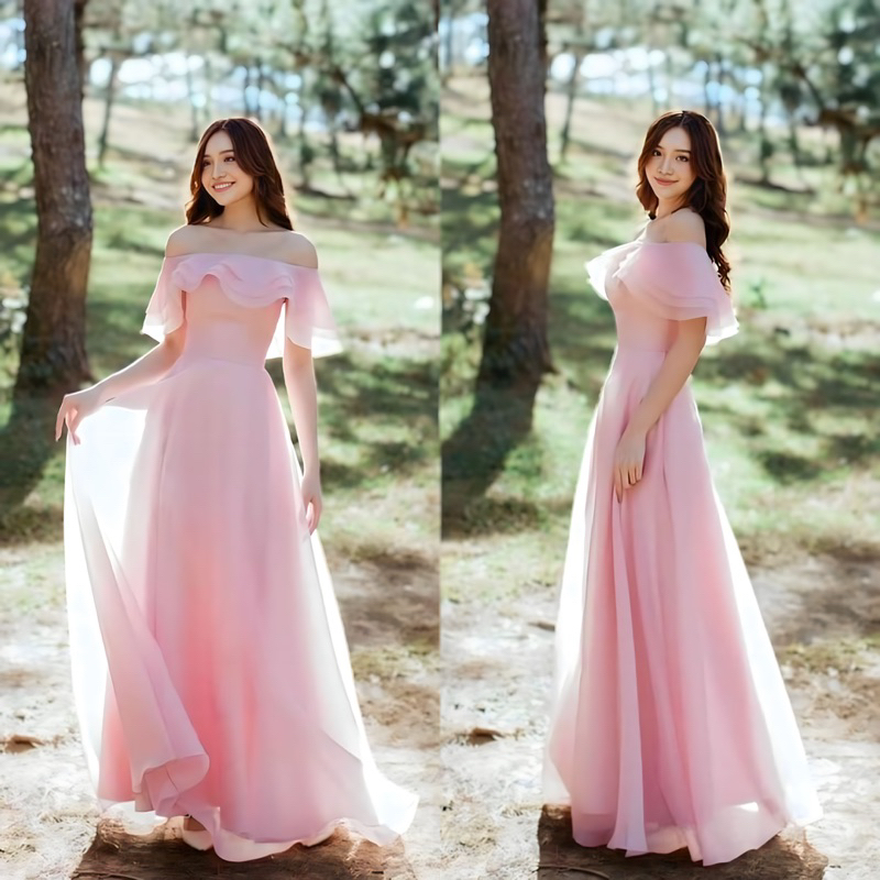THAN GU GOWN - Dress pesta wanita maxi a line dress sabrina off shoulder ruffle gaun mekar flare dre