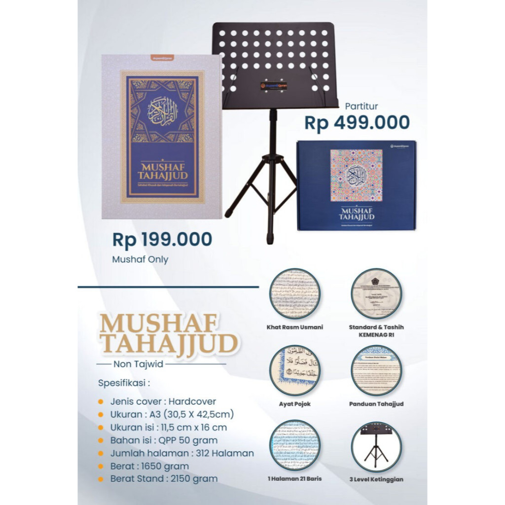 

UKURAN JUMBO AL QURAN / Mushaf Tahajjud Tajwid + Plus Berat Stand - Bahan isi : QPP 50 gram Full Color - Syamil Quran