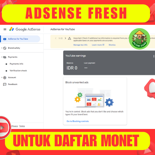 JUAL ADSENSE FRESH YOUTUBE UNTUK DAFTAR MONETISASI