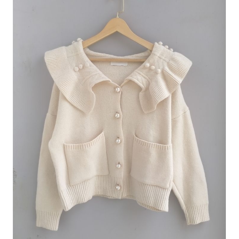 CARDIGAN PREMIUM TANGAN BALON RAJUT KEPANG SAILOR CROP VELVET LEMBUT MOTIF RARE