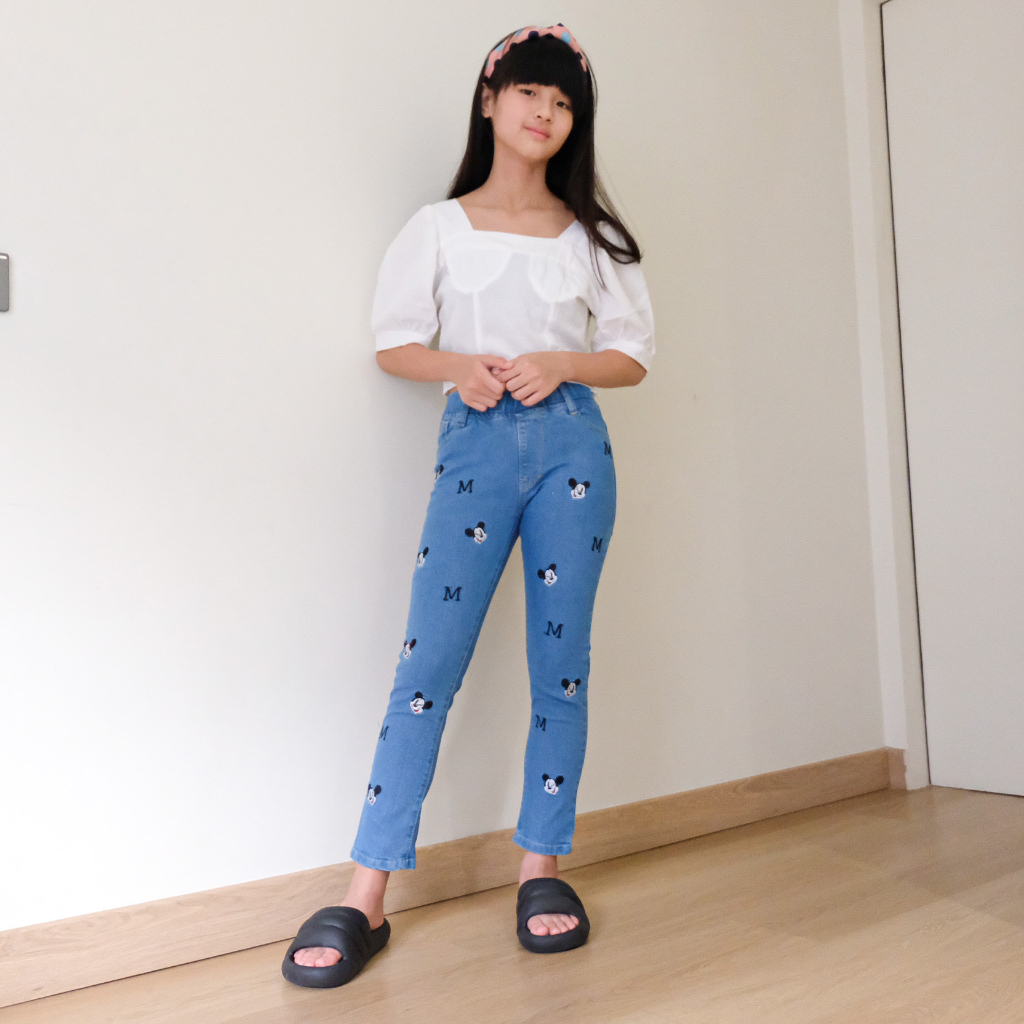 Bawahan Anak Celana Jeans Wanita Celana Motif Bordir Celana Karet Pinggang