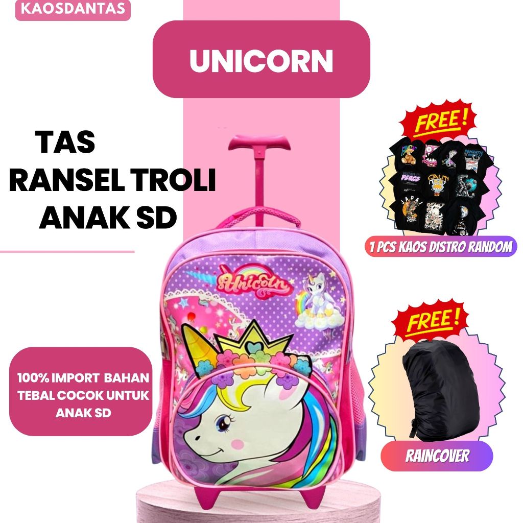 TAS RANSEL TROLI SEKOLAH ANAK SD GAMBAR UNICORN RAINBOW