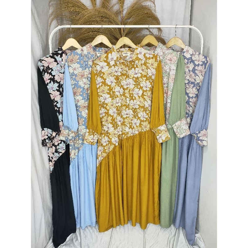 Gamis Lyli Bahan Katun Rayon Motif Mix Katun Twill Polos