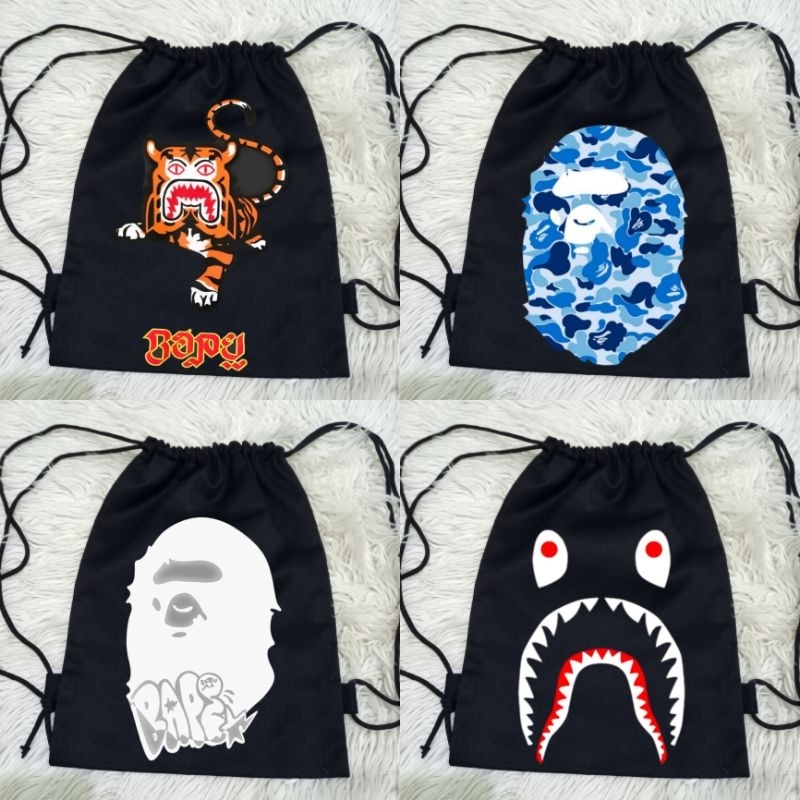Tas Tali Serut Hitam Bape Distro Bahan Kanvas Premium Tebal / Tas Serut Hitam Distro Bape Keren / Ta