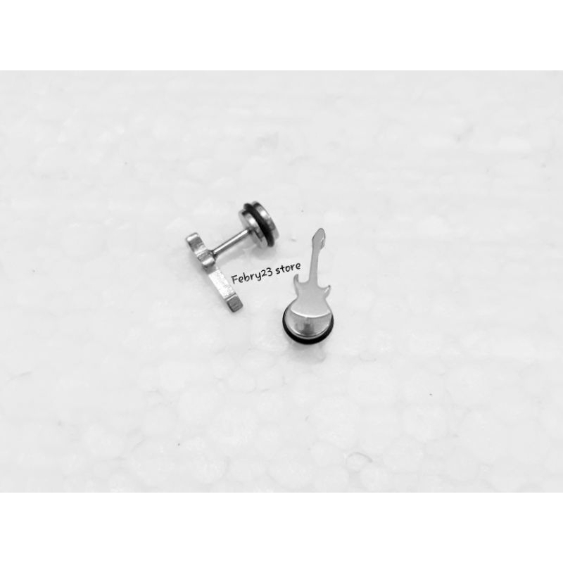 Anting Piercing Roda Motif Gitar Tusuk Tindik Barbel Putih Titanium Pria & Wanita