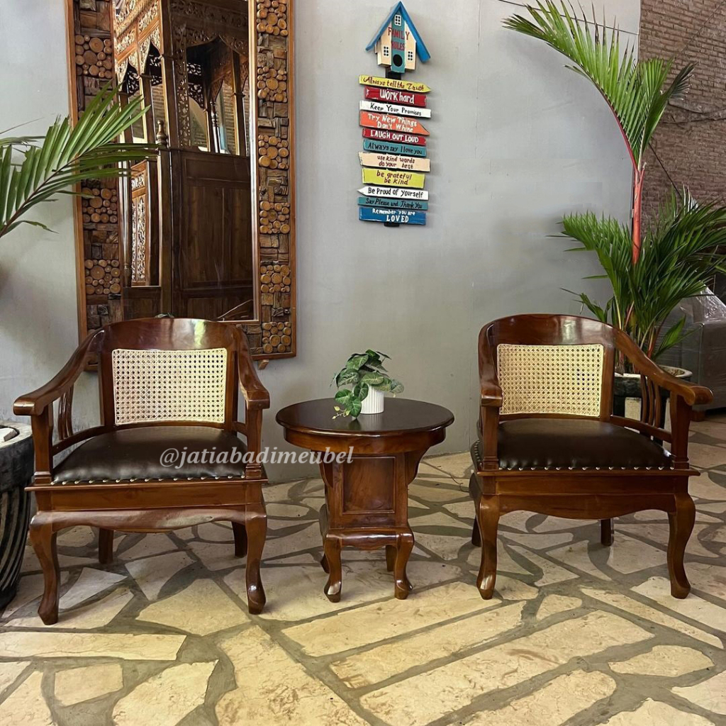 Set Kursi Teras Betawi Lenong Kayu Jati Sandaran Rotan Dudukan Busa