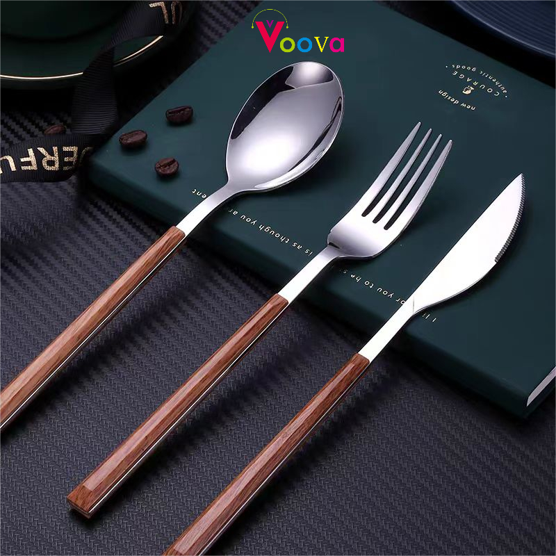 VOOVA Alat Makan Stainless Steel Gagang Kayu Sendok Garpu Pisau Makan Stainless Peralatan Makan Deng