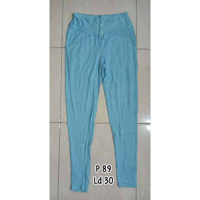 new - celana panjang kain wanita 2 warna biru muda dan putih legging bahan ngaret melar