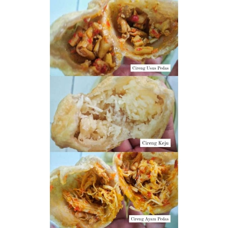 

Cireng isi (ayam suwir pedas, bakso pedas, keju, usus pedas)