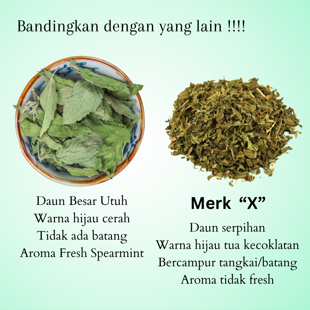 

MAR Dried Spearmint Leaves, Daun Mint Kering Premium Tanpa Batang, Seimbangkan Hormon & Atasi