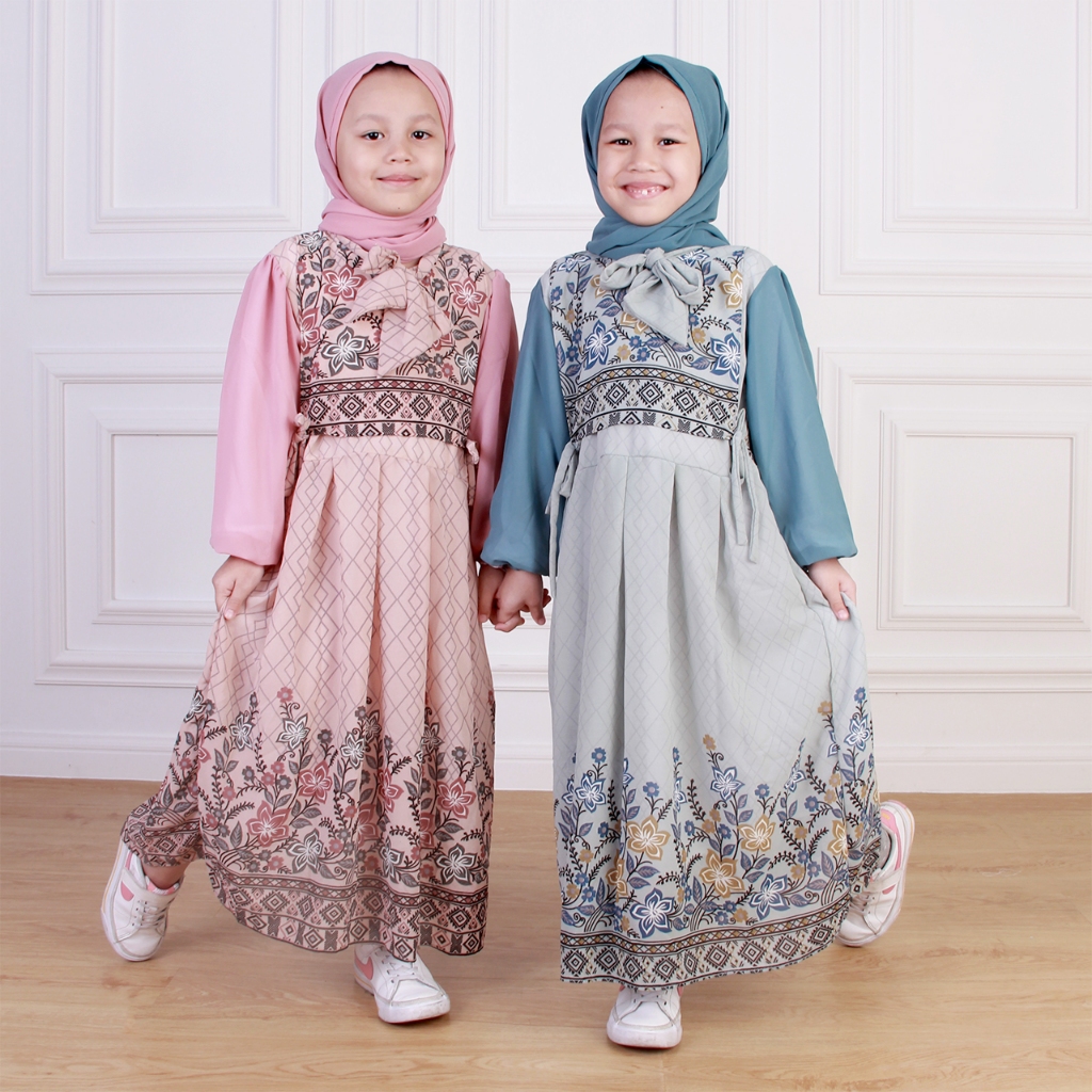 Dungdungkids Gamis Anak Andini Ceruty Motif Rompi Bunga Etnik Free Pashmina Tali 3 - 11 Tahun