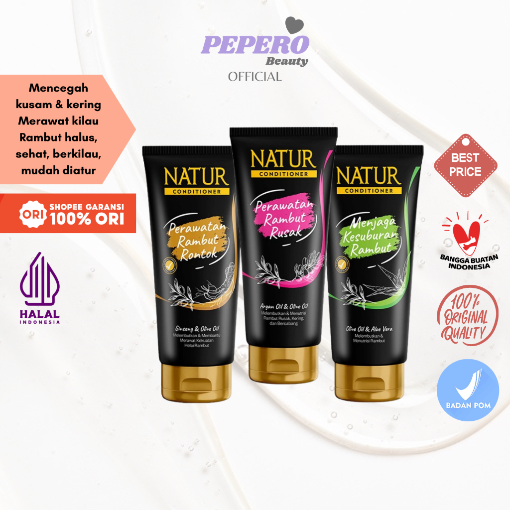 NATUR Hair Conditioner 160ml - Olive Oil & Aloe Vera | Ginseng & Olive Oil | Argan Oil & Olive Oil