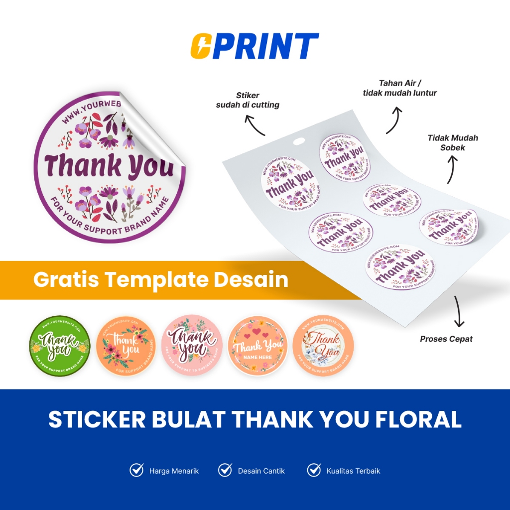

Stiker Vinyl Susu/Transparan Label Thank You Bunga Bulat Anti Air Custom Free Template