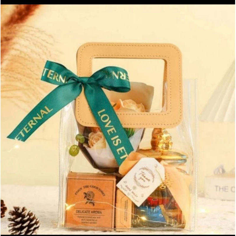 

Goodie Bag Handle Leather Mika PVC Transparan Premium Coklat 20x10x25