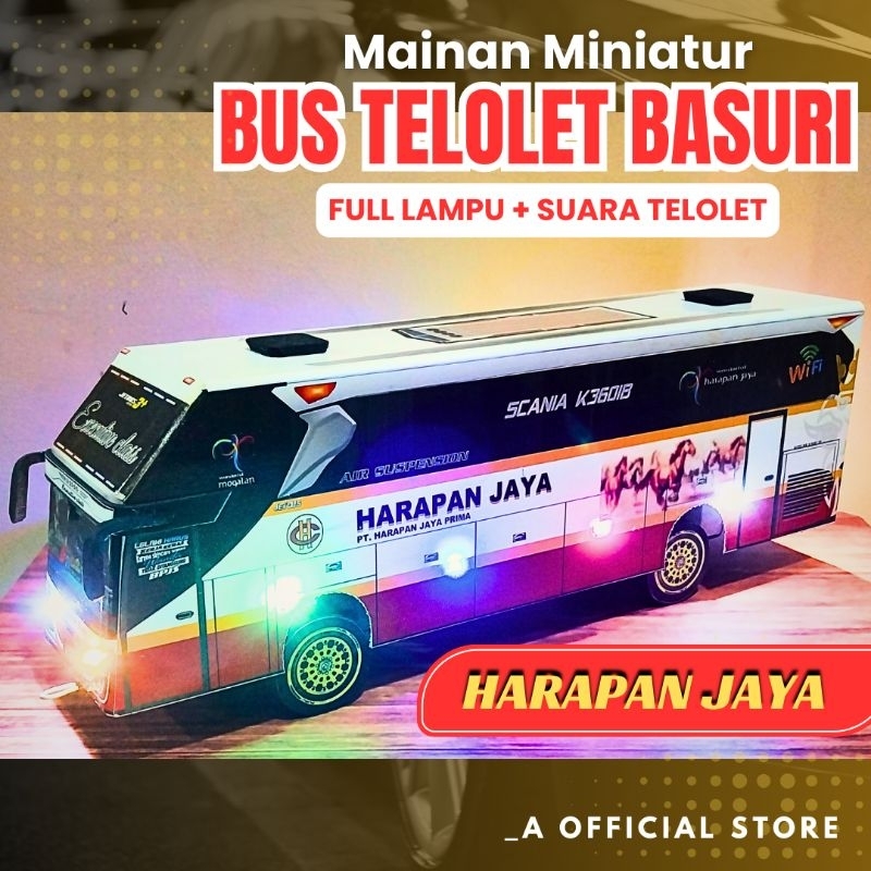 MAINAN MINIATUR BUS TELOLET BASURI BUS HARAPAN JAYA FULL LAMPU (BISA TAMBAH SUARA MUSIK TELOLET)