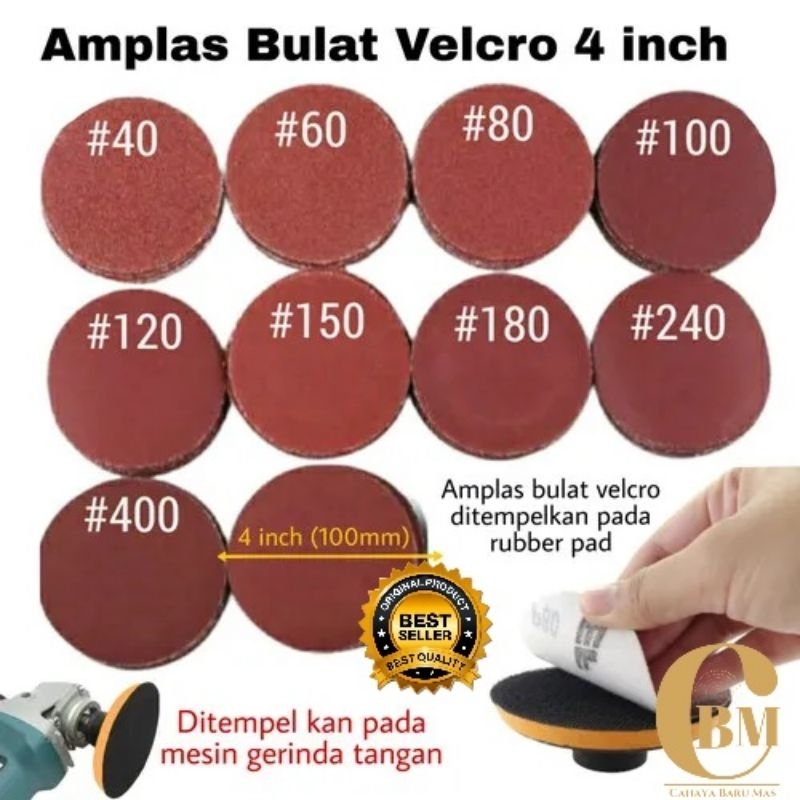 Amplas Bulat Velcro 4inch grit Halus Sedang Kasar