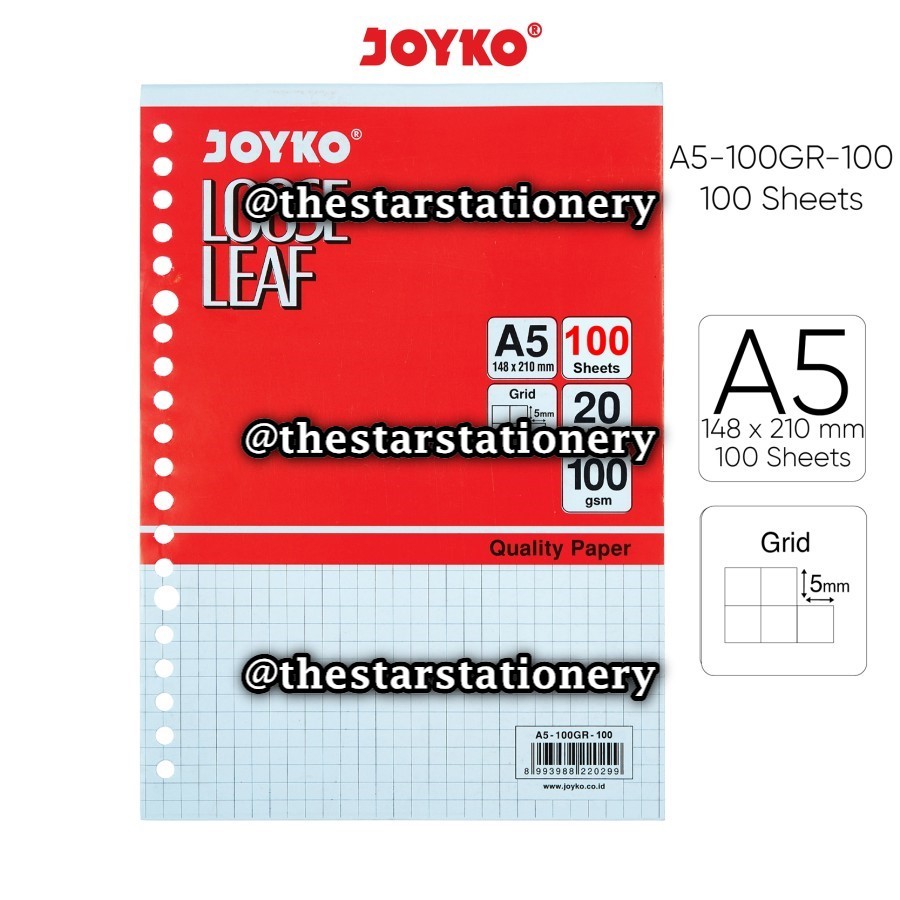 

(1 Pak Isi 100 Lembar) Loose Leaf Joyko A5 100 Lembar / Loose Leaf Isi Kertas File Binder Joyko A5-100PL-100 Plain / Joyko A5-100GR-100 Grid / Joyko A5-100DT-100 Doted