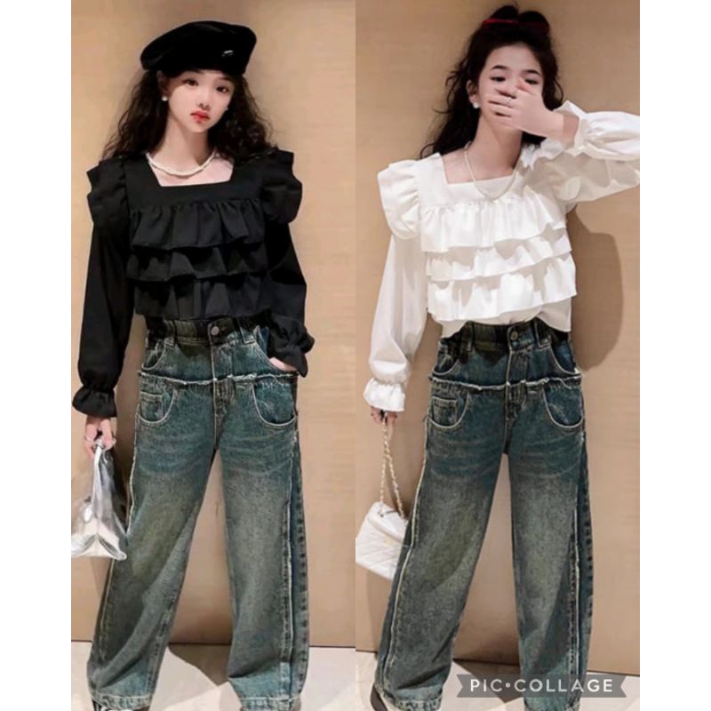 Diansister_Set Jeans Blouse Rempel (130 PUTIH)