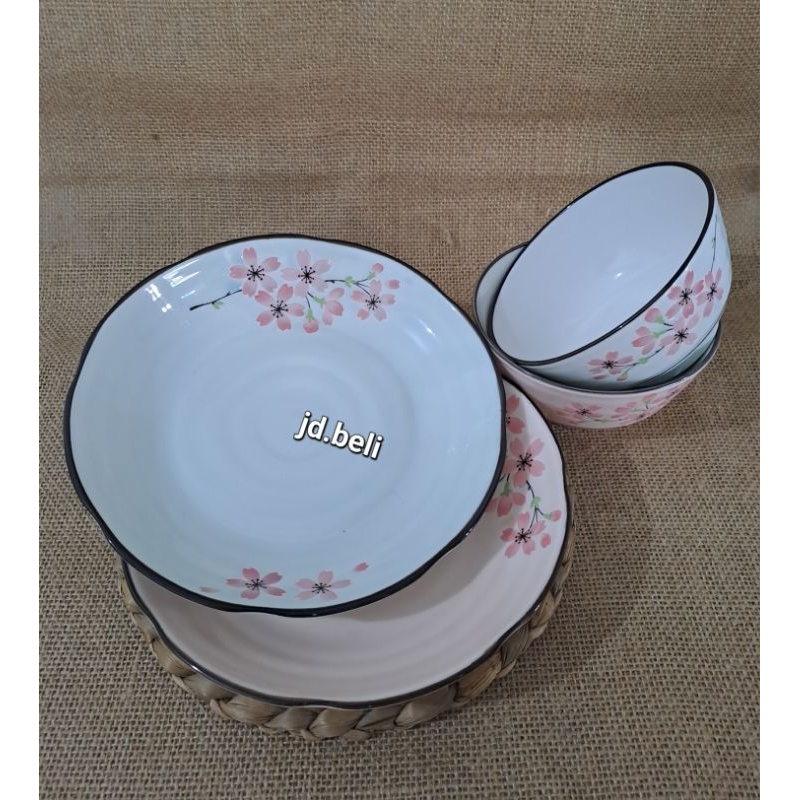 Piring ulir pink hijau 7"st moritz/Piring makan/Piring motif bunga sakura/Piring cantik/Piring keram