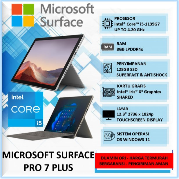 Laptop Touchscreen Microsoft Surface Pro 7 Plus Intel i5 1135G7 8GB 128GB 12" Windows 11 Home