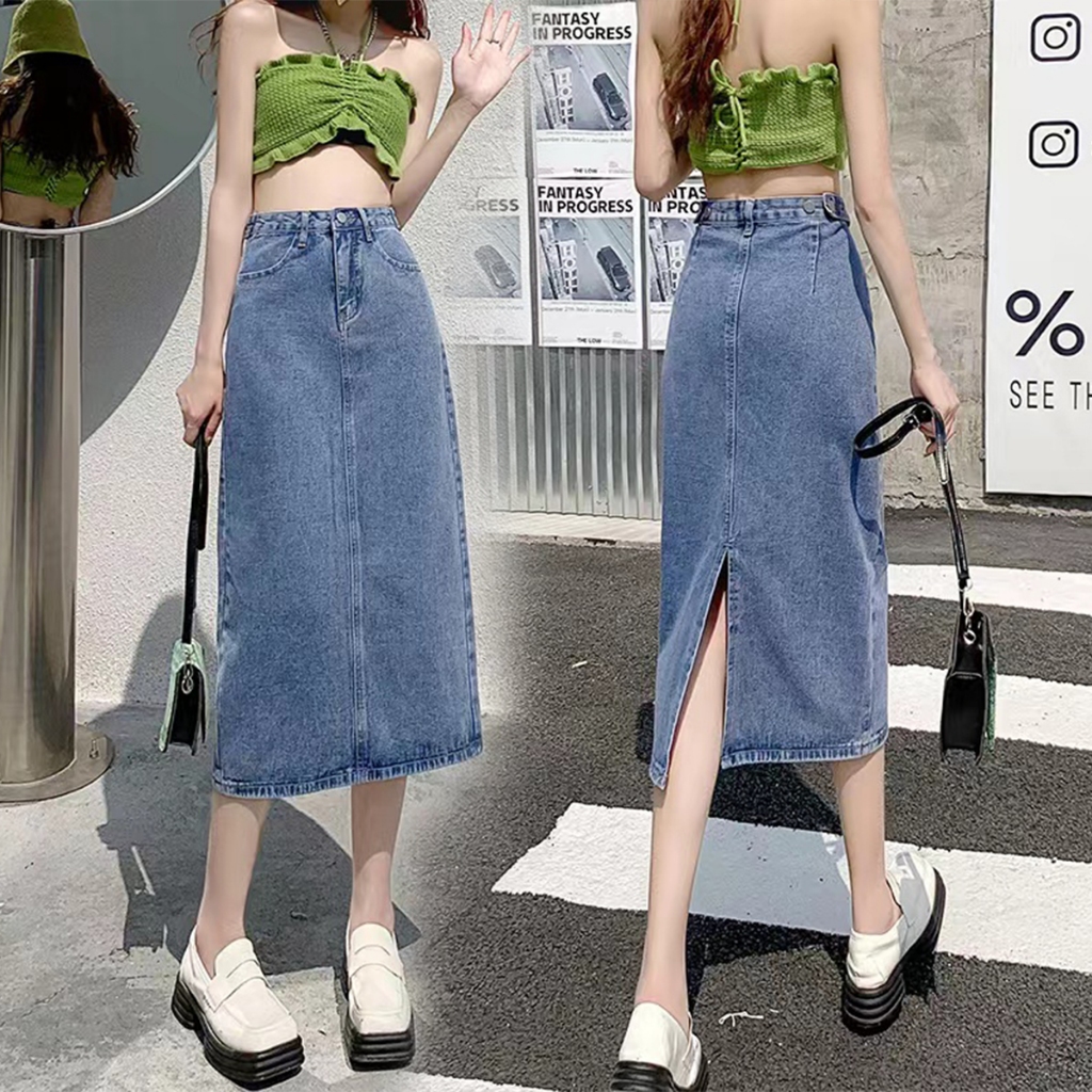 【wanita_id】rok jeans panjang rok korean style rok jeans 7/8 rok jeans belah rok midi rok jeans jumbo