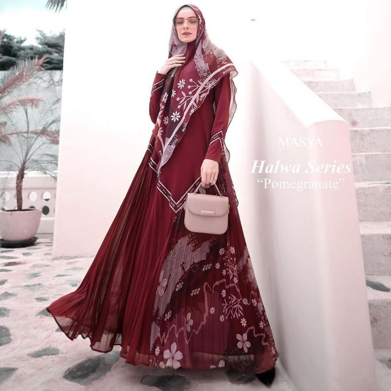 Set Gamis Dress Ceruty Babydoll Printing Premium Syari Branded Merah Maroon - Broken White - Ungu - 