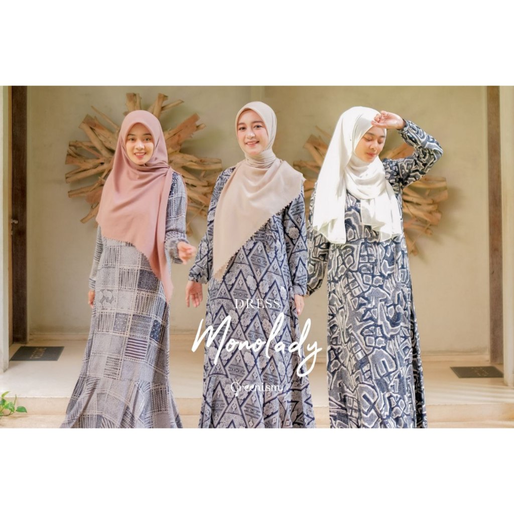 Monolady gamis rayon busui motif batik hitam putih greenism