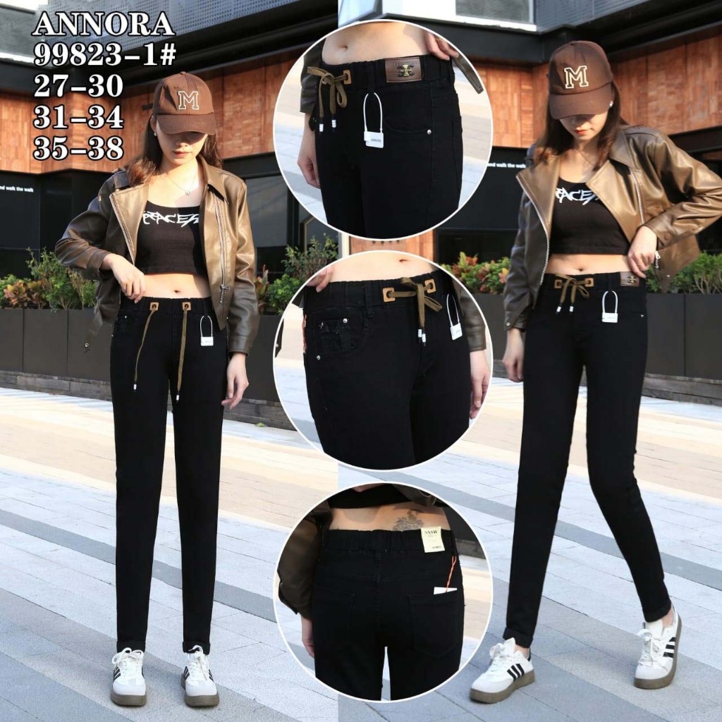 Celana Jeans Cewek Pinggang Karet Import Annora / celana Import wanita terlaris / celana import Anno
