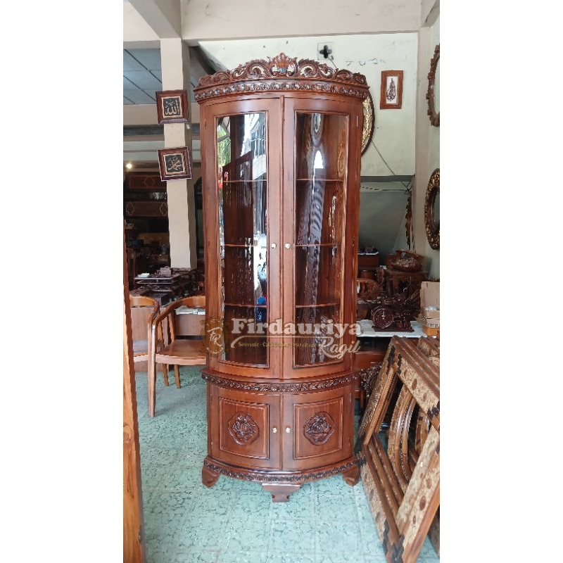 Lemari sudut kaca hias jati ukir jepara minimalis pahat mewah antik murah
