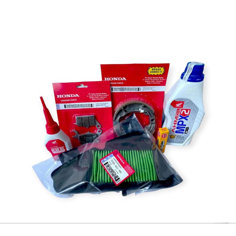PAKET KOMPLIT SERVICE KAMPAS REM DEPAM BELAKAMG+FILTER UDARA+BUSI+OLI GARDAN+OLI MPX 2 HONDA BEAT AL