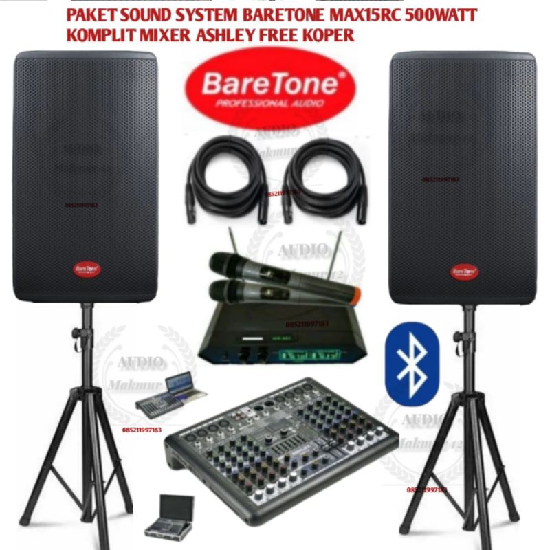 Paket sound Sistem Speaker Aktif Baretone MAX15RC 500 Watt Komplit Sama Mixer Ashley 8 Channel Origi