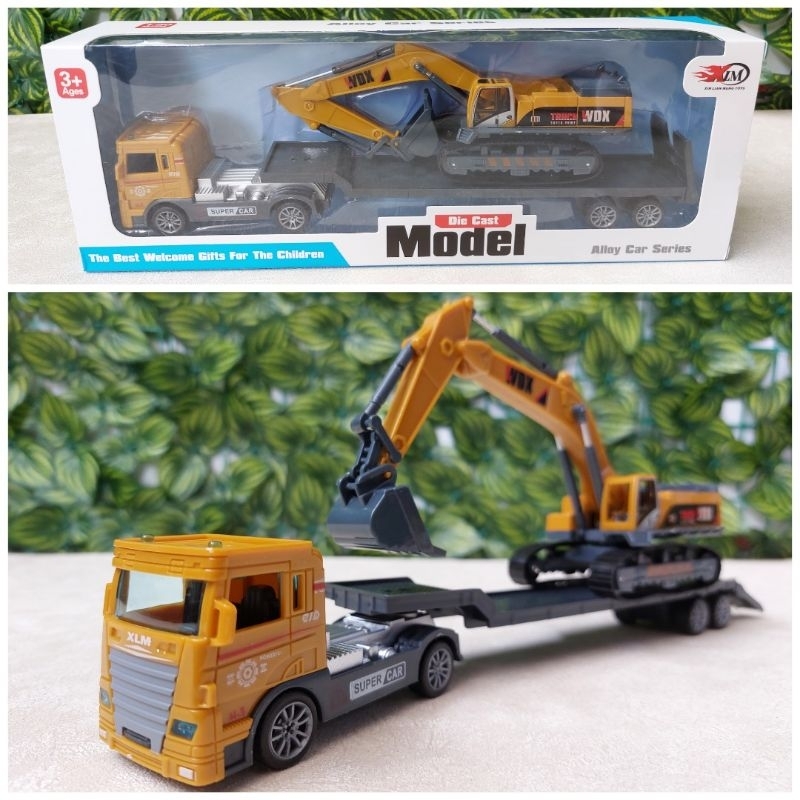 Diecast Truk Trailer Muatan Excavator Metal