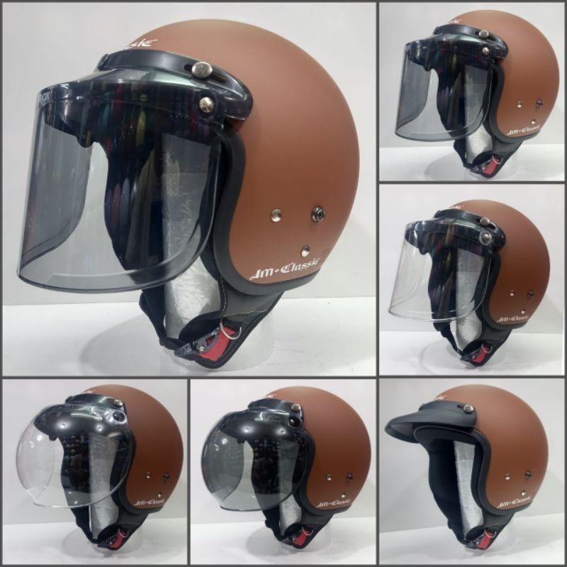 HELM CLASSIC JM COKLAT DOFT SET KACA CEMBUNG/KACA DATAR