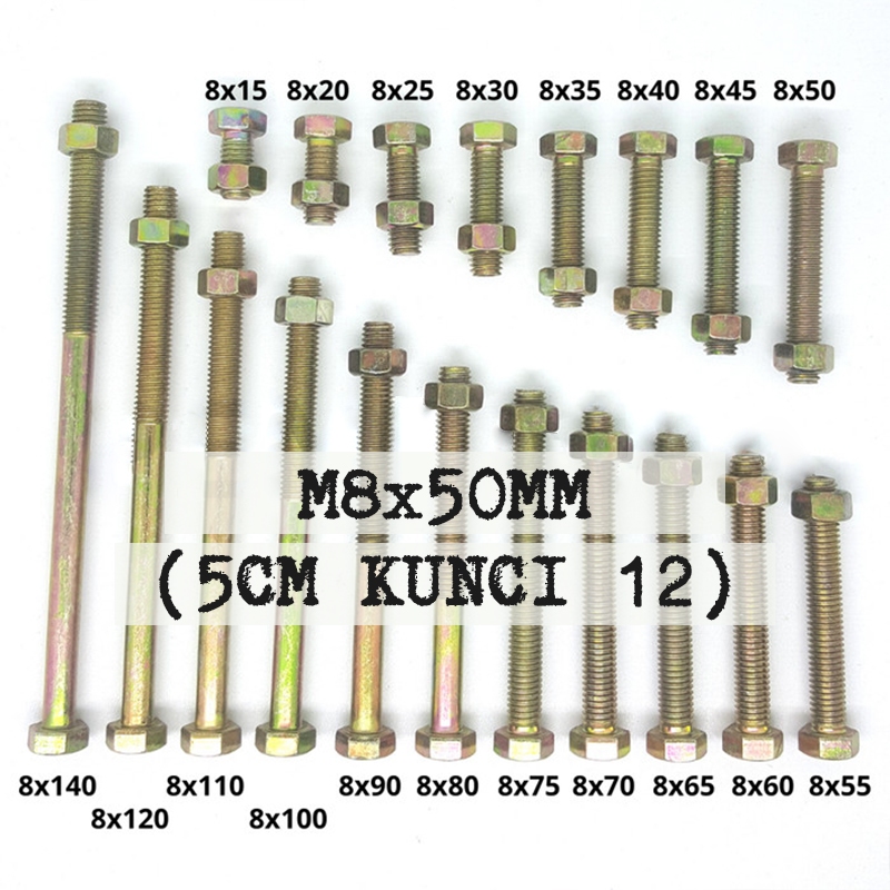 Mur Baut Hex M8x50 MM Baut kunci 12