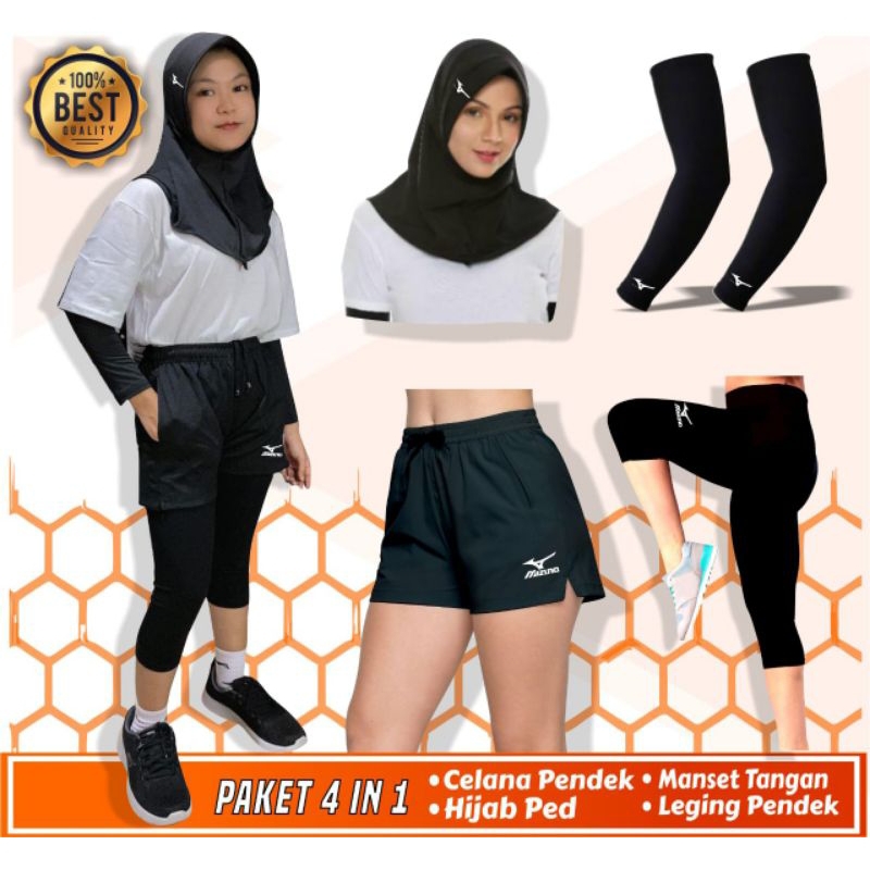 pakian olahraga wanita voli hijab, manset tangan,legging3/4 celana pendek size S- XL