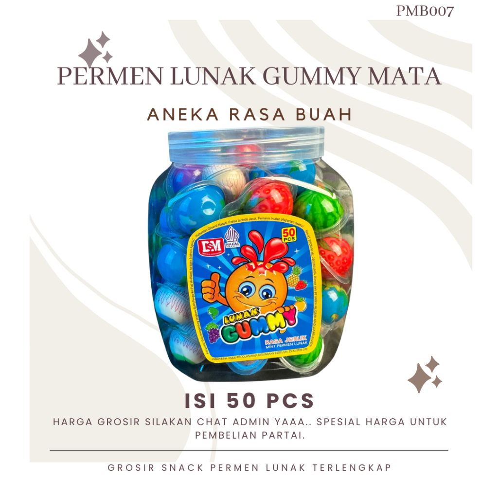 

Permen Lunak Gummy Mata Lunak Bulat Isi 50 PCS 1 Toples Permen Lebaran Permen Anak Jajanan Anak HALAL BPOM