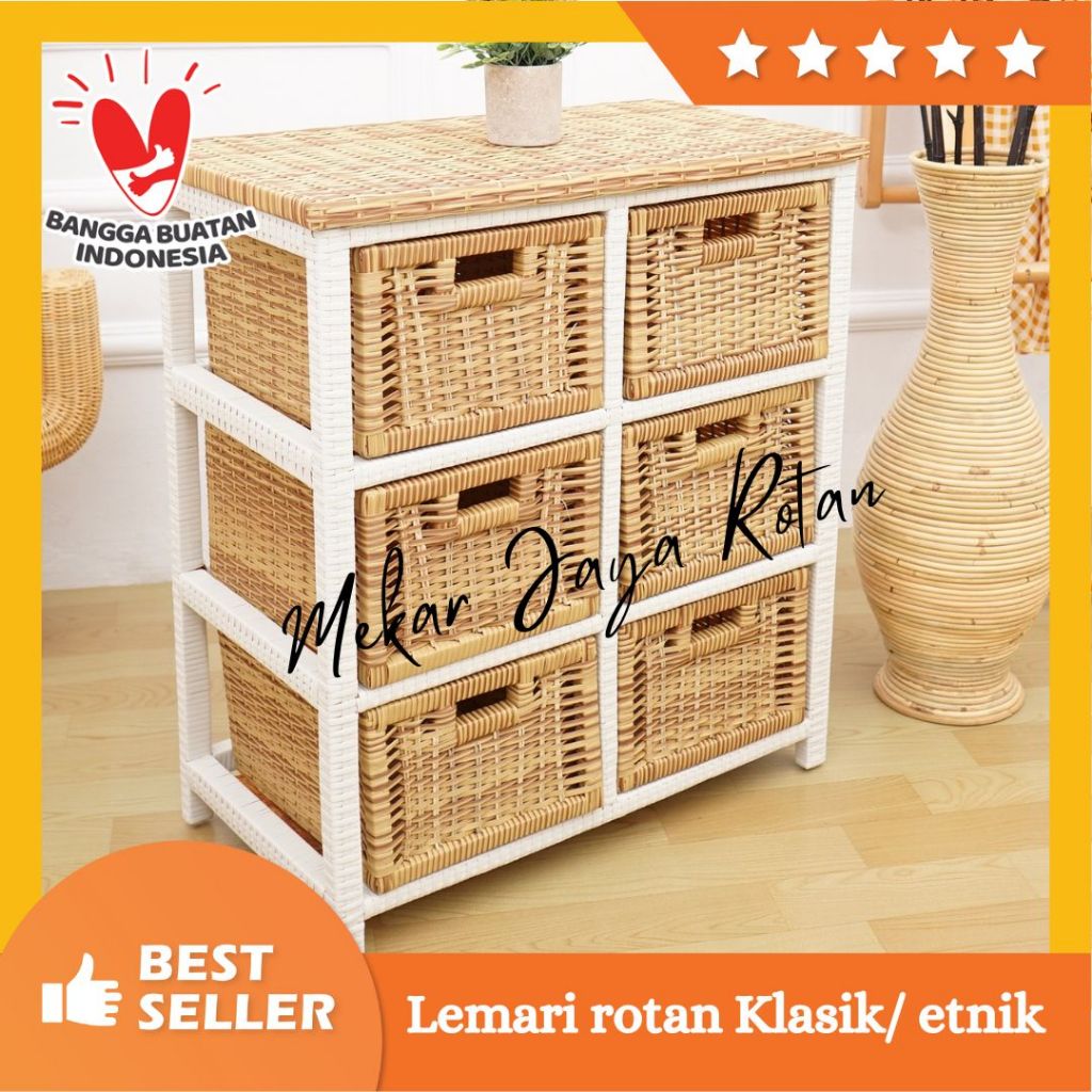 Lemari anyaman Rotan model klasik sintetis mix rotan alami/ klasik dan natural isi 6 laci/box