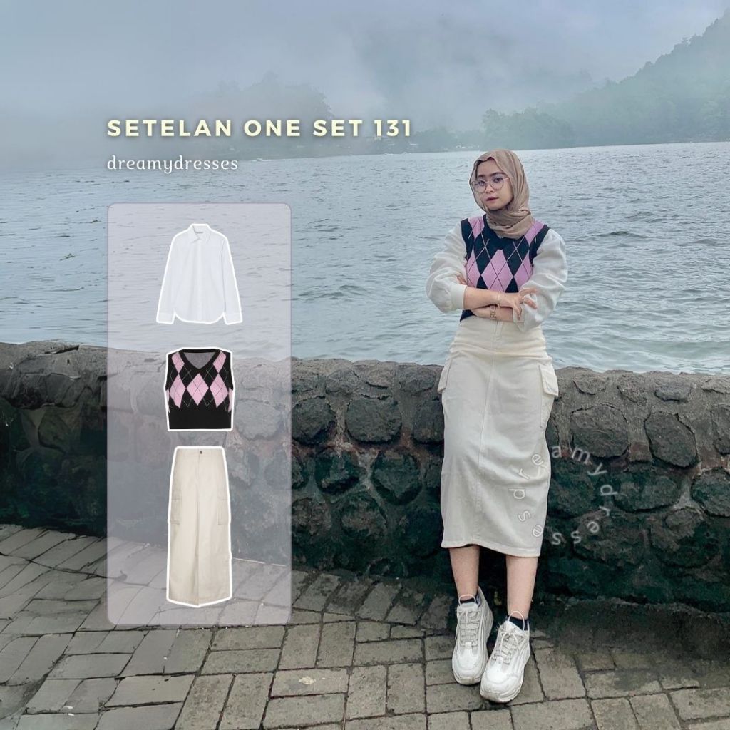 Set Outfit 3in1 Korean Style - Rok Cargo, Vest, dan Kemeja