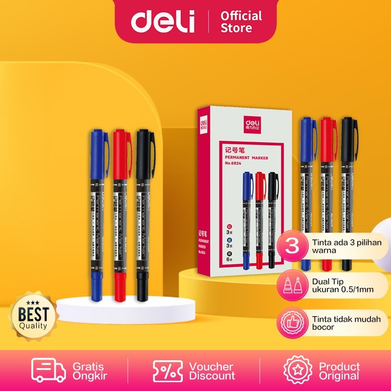 

Deli Spidol Double Tip Ujung Pena Ganda ukuran 0,5/1mm12pcs/Kotak 6824