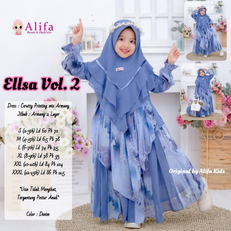 ELLSA DAVINA KIDS BY ALIFA- BAJU LEBARAN GAMIS SYARI SETELAN HIJAB KEKINIAN ANAK CEWEK MUSLIMAH CERU
